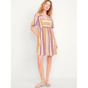 Old Navy Jacquard Mini Swing Dress 3X Orange Pink White Geometric Print V Neck‎